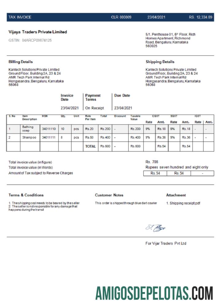 Fatura de empresa privada limitada de comerciantes de Vijaya da Índia baixar para verificação